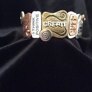 Stretch gold, silver & brass BRACELET with Positive VIBES. NWOT:Women or Men OS.